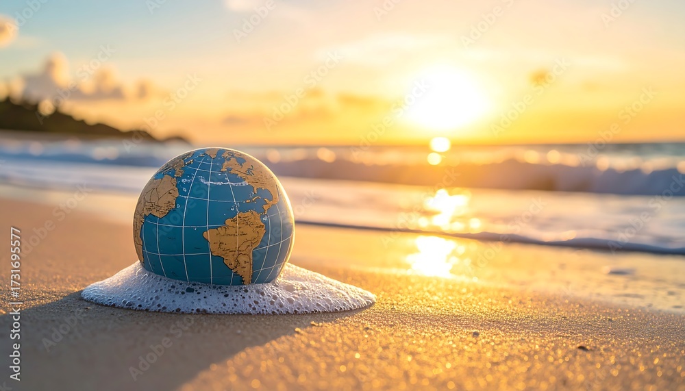 Obraz premium Earth globe on beach at sunset