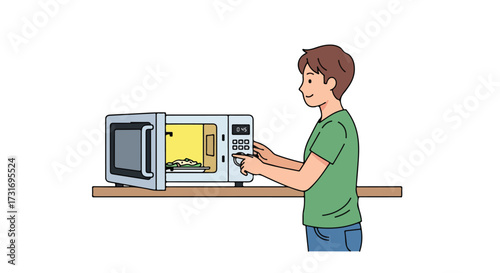Cartoon illustration showing a young man operating a microwave with a dish inside for quick meal preparation appliance convenience safety cooking