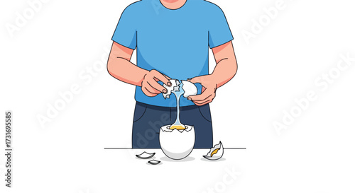 Cracking an egg: Culinary preparation in a clean kitchen environment illustration shows the preparation process for cooking with egg freshness