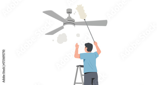 Man on a Ladder Dusters a Ceiling Fan in a Home: Maintaining a Clean and Healthy Living Space in his House, Duster Cleaning an Electric Fan