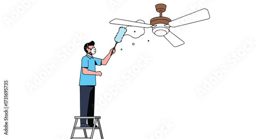 Illustration of a man wearing a mask cleaning a ceiling fan with a duster while standing on a ladder for household chores