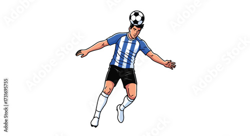 Dynamic depiction of a soccer player heading a ball with focused energy and precision in a stylized cartoon style action pose