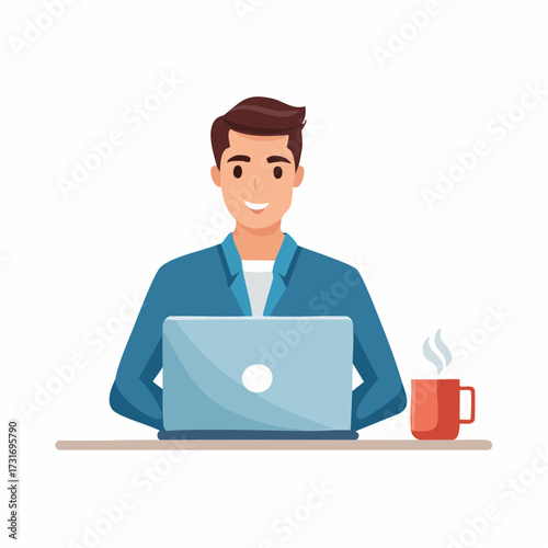 Smiling young man working on his laptop at a desk with a coffee cup, focused and productive