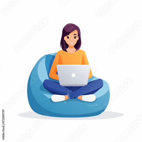 Happy young woman sitting cross-legged in a comfortable beanbag chair and using a laptop. Concept for remote work, freelancing, or online education