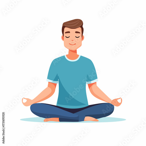 Vector illustration of a serene young man sitting in a lotus position, practicing yoga and meditation for mental health and mindfulness