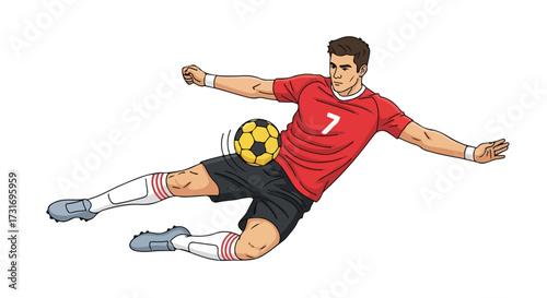 Dynamic illustration portraying a soccer player powerfully kicking a ball during a match with vivid details and sporty energy
