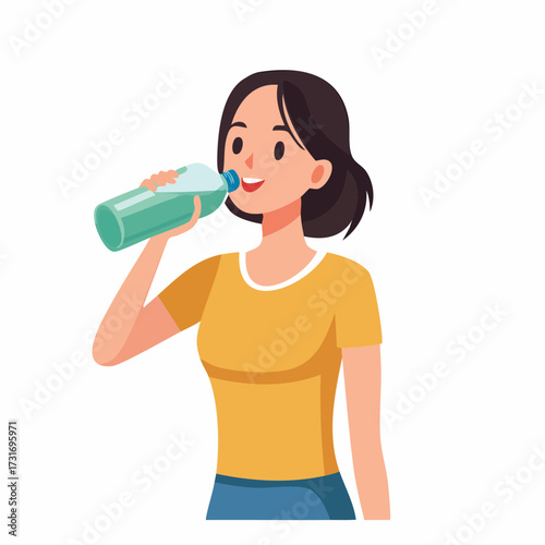 Vibrant illustration of a happy young woman hydrating, taking a refreshing drink from a clear water bottle, emphasizing health, wellness, and an active lifestyle choice