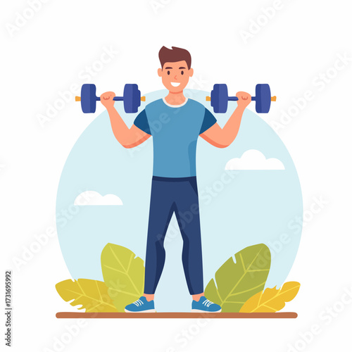 Cheerful athletic man exercising with a pair of dumbbells, promoting a healthy lifestyle and regular physical activity
