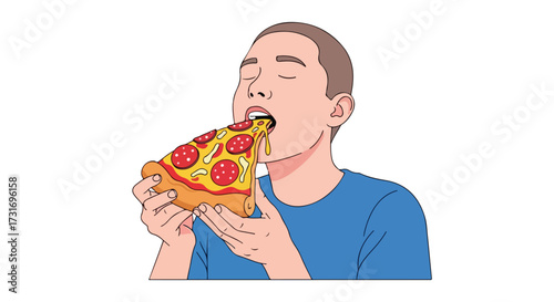Man indulging in a cheesy pepperoni pizza slice with closed eyes and blissful expression showcasing culinary satisfaction