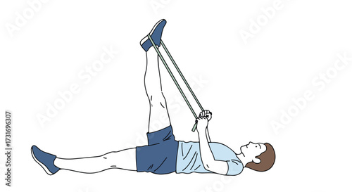 Illustration of a man lying down doing a leg stretch exercise with a resistance band on a white background