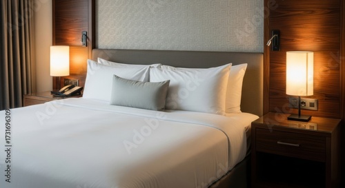 Wallpaper Mural Luxurious hotel room bed with soft lighting and comfortable pillows for a relaxing stay Torontodigital.ca