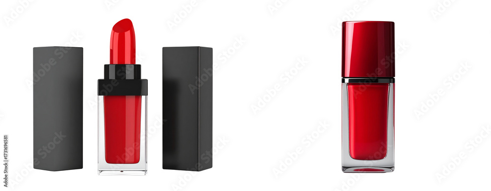Obraz premium Front View of Glossy Red Lip Gloss in Transparent Rectangular Tube with Metallic Red Cap Isolated PNG