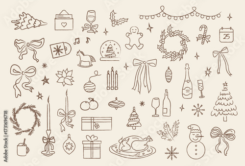 Whimsical Christmas illustration set. Festive holiday feast. Seasonal table setting. Hand Drawn vintage style doodle with crayon texture. Vector.
