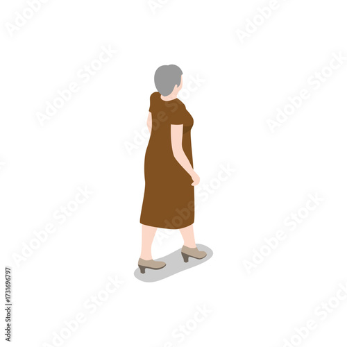 Elderly woman walking, viewed from behind, isolated on transparent background