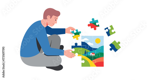 Illustrative character solving a vibrant landscape puzzle, depicting challenge and resolution in simple design