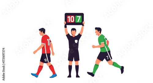 Soccer Match Illustration Displaying 10 to 7 Score with Players and Referee on a Clean White Background