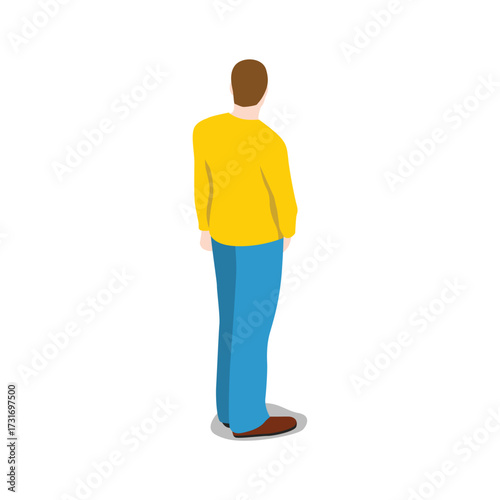 Man in yellow sweater and blue jeans standing, viewed from behind, isolated on transparent background