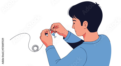 Focused young man preparing fishing tackle for a successful angling adventure and a day out in nature setting up fishing gear 151 characters