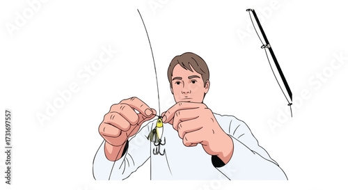 Angler meticulously prepares fishing tackle, attaching a lure to the line, rod positioned in the background ready for a day of casting and angling
