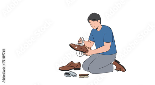 Illustration depicting a man diligently polishing his leather shoes with care and attention to detail demonstrating proper shoe maintenance and