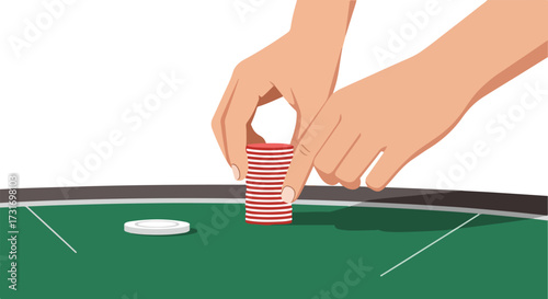 Illustration of hands stacking casino chips on a green poker table, symbolizing games and luck, focusing on the act of wagering and potential wins