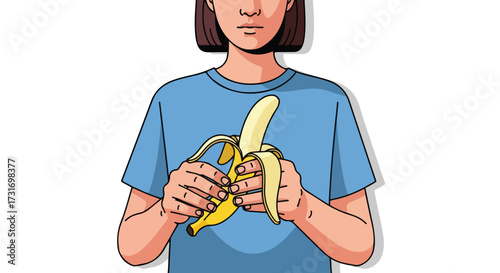 Character illustration of a person peeling a banana, promoting healthy eating and simple enjoyment, highlighting the connection between food and
