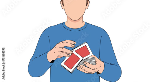 Cartoon illustration showcasing card shuffling by a person, highlighting leisure activity, entertainment and game playing with isolated background