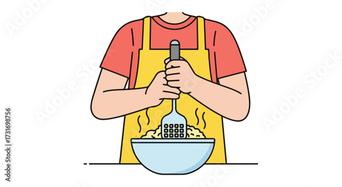 Illustration displaying a person in apron mashing food with kitchen tool over a steaming bowl preparing for meal preparation process in isolated view