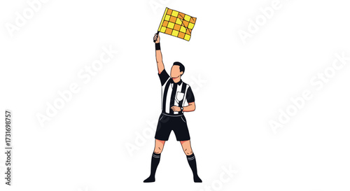 Referee signaling with checkered flag, standing alert during a soccer match, ready to enforce rules and make critical decisions on the field