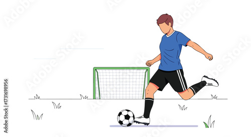 Dynamic illustration of a footballer poised to kick towards a distant goal showcasing movement and athletic sportsmanship in a simple clean design