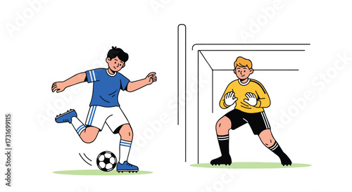 Dynamic football match illustration: Striker shooting towards goalkeeper guarding the goalpost in action