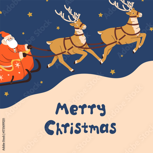 Merry Christmas post card design with Santa Claus in sleigh with reindeers. X...