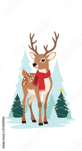 A gentle deer wearing a red scarf stands in a snowy forest with decorated Christmas trees.