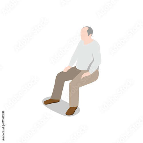Isometric illustration of an elderly man sitting down, isolated on transparent background