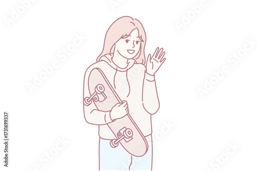 Portrait of smiling millennial girl with skateboard posing outdoors. Happy young woman with board enjoy sport activity. Skateboarder hobby. Vector illustration.