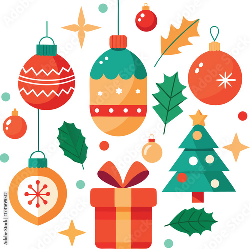 Vector art of vibrant collection of christmas decorations including various ornaments, a christmas tree, gift boxes, holly leaves, and stars