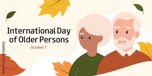 Happy elderly international couple. International Day of Older Persons. Parents Day. Horizontal banner, greeting card, invitation, flyer, advertising.