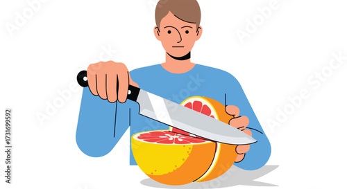 Man slicing a juicy grapefruit with a kitchen knife, illustration of fruit preparation in a clean minimal style, ready for a refreshing culinary