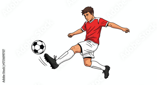 Dynamic soccer player strikes a ball illustration, sporting athletic prowess and vector graphics art for design content showcasing sporting events