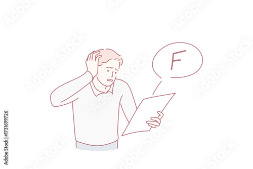 Having bad mark in education concept. Young stressed student standing touching head feeling unhappy having bad mark in exam vector illustration