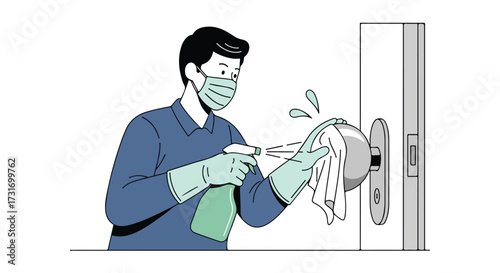 Illustration depicting a person disinfecting a doorknob wearing a protective mask and gloves for hygiene safety measures