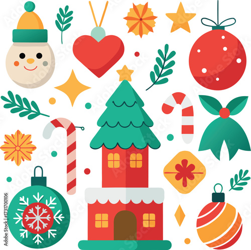Vector art of whimsical christmas decoration set featuring a snowman, heart ornament, candy cane, christmas tree house, gift box, and baubles