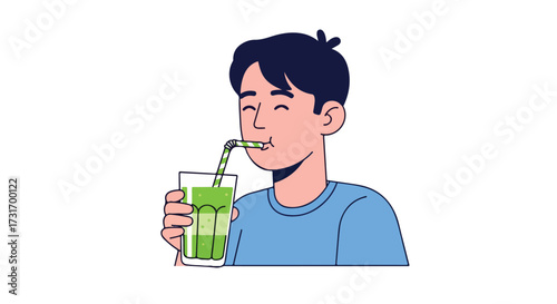 Boy enjoying a refreshing green smoothie with straw expressing satisfaction and well-being from healthy beverage consumption