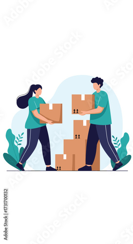 A man and a woman are moving boxes during their relocation.