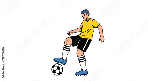 Illustration of a soccer player skillfully controlling a ball with footwork precision and agility, isolated for design elements, athletic prowess