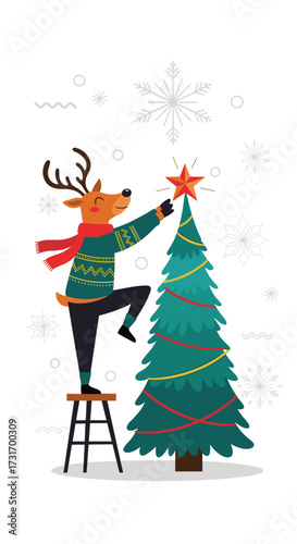 A festive reindeer carefully places a glowing star atop a beautifully decorated Christmas tree.