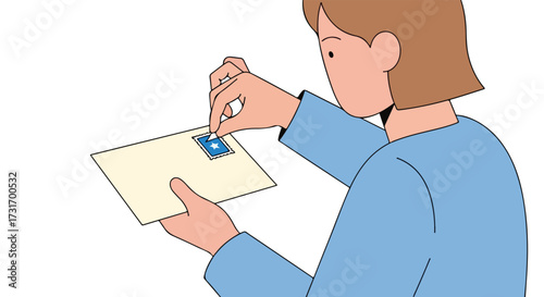 Woman affixes a postage stamp to an envelope, preparing mail for delivery, completing the final step before sending a letter to someone important