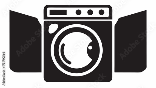A black and white icon of a front loading washing machine with open doors on either side is displayed