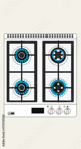 Four burner gas stovetop with grates and control knobs for cooking.