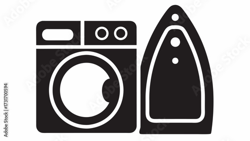 A minimalistic black and white illustration of a washing machine and an iron on a plain white background